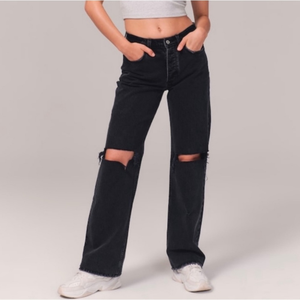Abercrombie & Fitch Low Rise 90s Baggy Jeans Curve Love black distressed size 2L